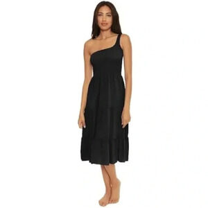 Becca Ponza Smocked Cover-Up Women's Midi Dress, black, size medium, pre…